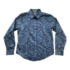 L.L.Bean Blue Floral Cotton Button Down Shirt Slim Fit XS Petite